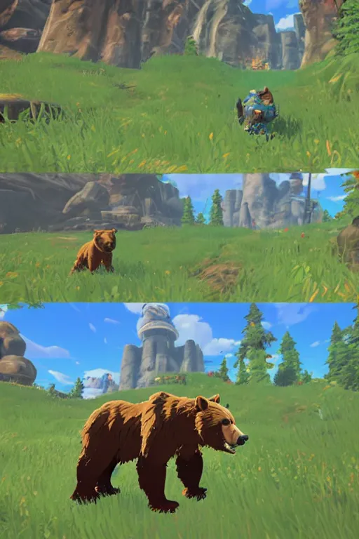 Image similar to in game footage of a grizzly bear from the legend of zelda breath of the wild, breath of the wild art style.