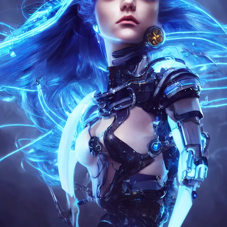 Image similar to beautiful cinematic fantasy poster, a cyberpunk cyborg female with brilliant blue flowing hair, beautiful blue glowing gold eyes, wideshot ultrawide angle epic scale, in the style of Mika Koskensalmi, Jason Chan, art station; cinematic quality character render; low angle; ultra high quality model; production quality cinema model;