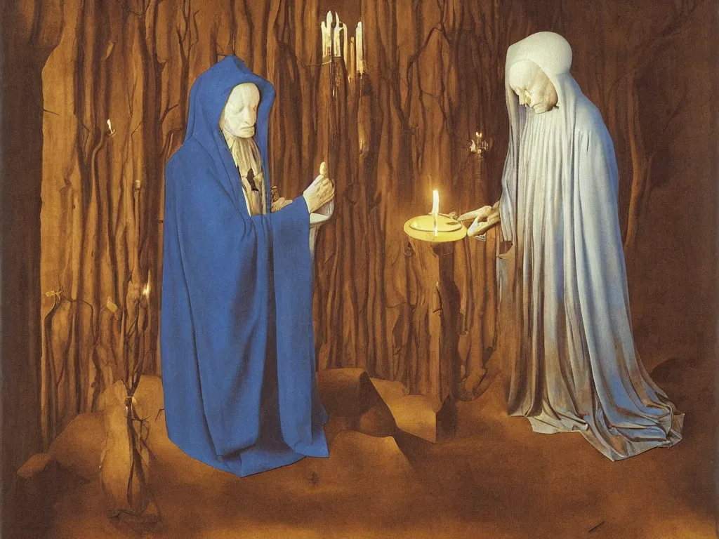 Image similar to Portrait of albino mystic with blue eyes, praying at candle light. Painting by Jan van Eyck, Audubon, Rene Magritte, Agnes Pelton, Max Ernst, Walton Ford