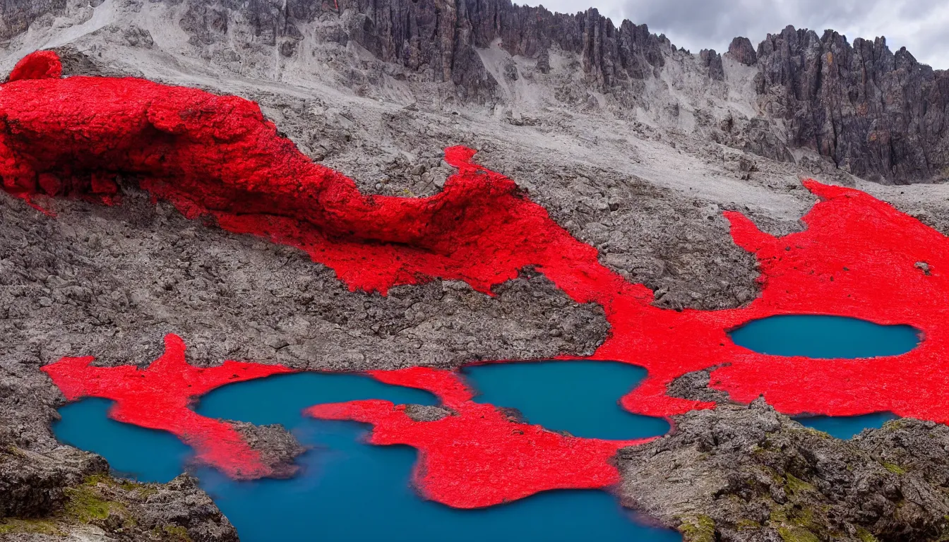 Prompt: red steaming lava lake in the dolomites mountains