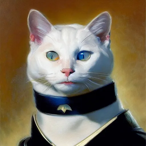 Prompt: a portrait of a manly white cat feline, blue eyes, star trek the next generation. highly detailed painting by gaston bussiere, craig mullins, j. c. leyendecker, furry