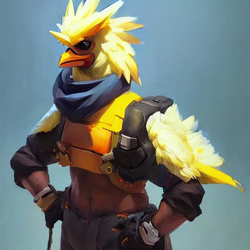 Image similar to greg manchess portrait painting of chocobo as overwatch character, medium shot, asymmetrical, profile picture, organic painting, sunny day, matte painting, bold shapes, hard edges, street art, trending on artstation, by huang guangjian and gil elvgren and sachin teng