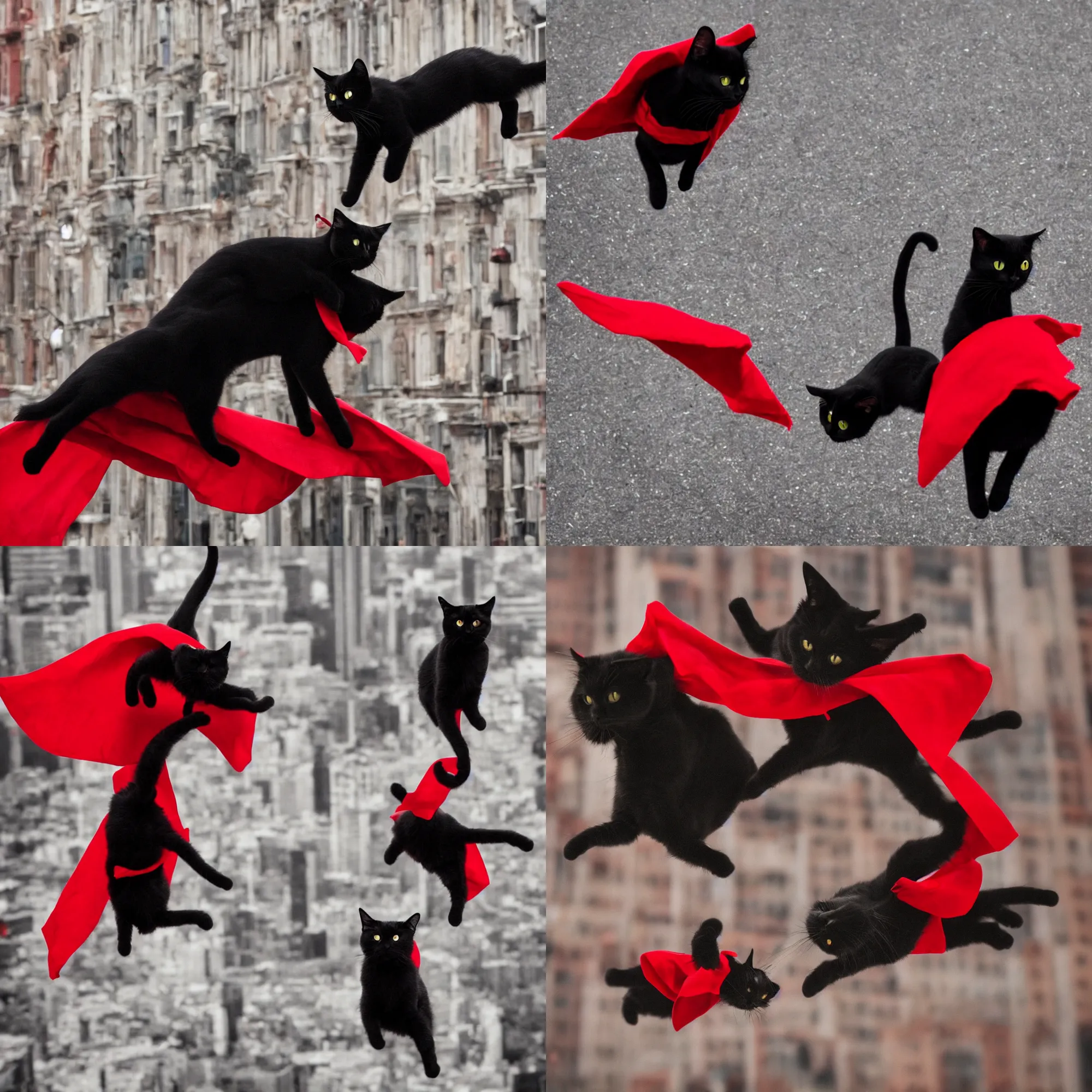 Prompt: a small black cat wearing a red cape flying through a city