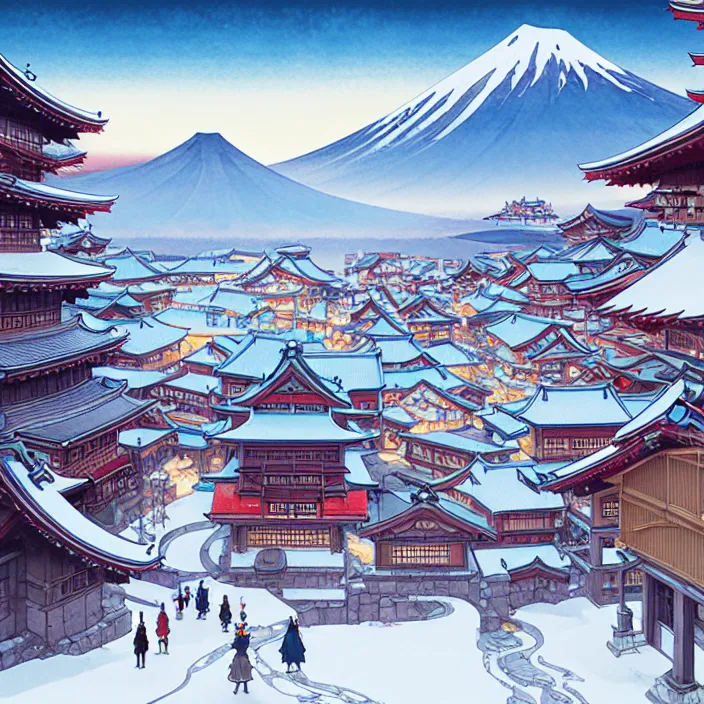 Image similar to empty japanese mountain city, winter, in the style of studio ghibli, j. c. leyendecker, greg rutkowski, artem