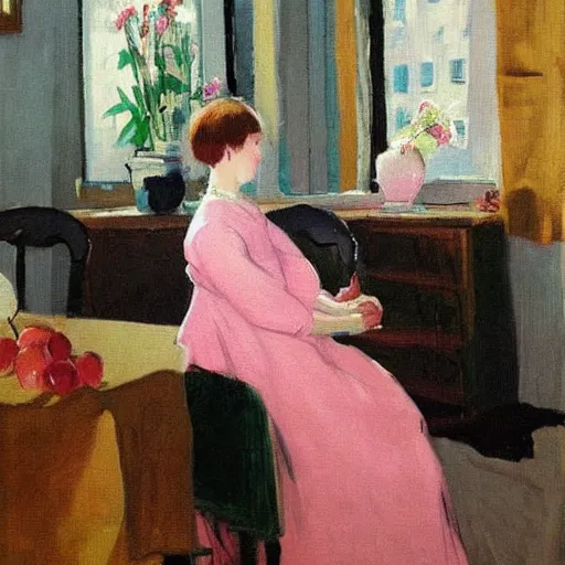 Image similar to a girl in a pink dress with folded hands on a table with peaches and iphones on a table sits at a table in a sunny room and looks at the camera, by valentin serov