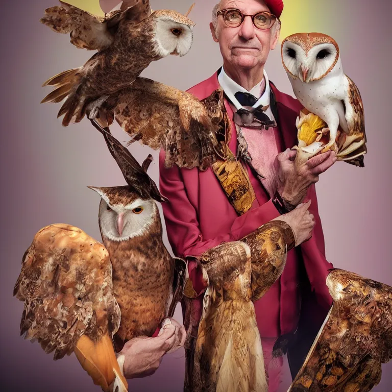 Image similar to high fashion photoshoot octane render portrait by wayne barlow and carlo crivelli and glenn fabry, a distinguished old funk musician wearing a colorful wes anderson designed uniform and holding a barn owl inside a high - end exotic colorful pastel vintage boutique hotel lounge, very short depth of field, bokeh