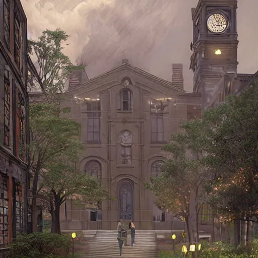 Prompt: boston university in 1 9 2 0's, ultra realistic, colour, concept art, intricate details, night, thunder, raining, eerie, arkham horror, call of cthulhu, elder sign, highly detailed, dark fantasy, photorealistic, octane render, 8 k, unreal engine 5. art by artgerm and greg rutkowski and alphonse mucha