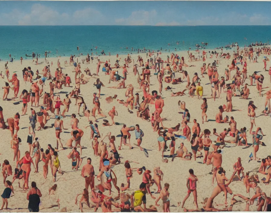 Prompt: crowded spanish holiday beach, an obese grey woman ten feet tall with giant crab claws emerging from the sea, david curtis, rick berry, alex horley, character art arstation, colour polariod photo