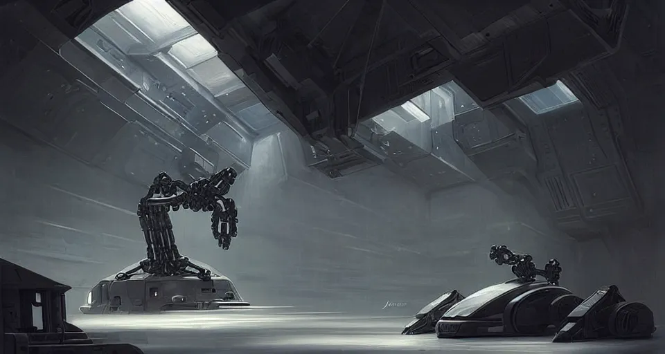 Image similar to hyper realistic sci - fi matte concept art painting of a spider - shaped mecha in a starship hanger, beautiful details, strong composition painted by kim jung guweta studio rutkowski, james gurney and greg rutkowski, and lucasfilm, smooth, intricate, detailed, sharp focus, cinematic