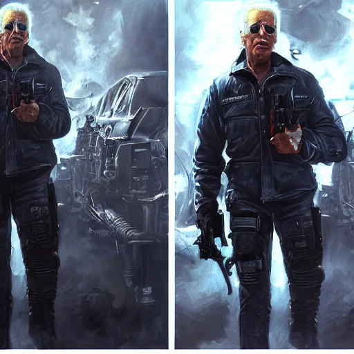 Image similar to joe biden as the terminator, dramatic lighting, cinematic, establishing shot, extremly high detail, photorealistic, cinematic lighting, artstation, style by James Gurney