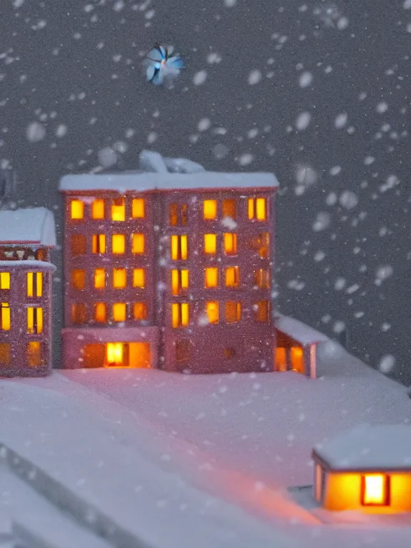 Image similar to detailed miniature diorama a soviet residential building, brutalism architecture, warm lights are on in the windows, man lies in the snow, dark night, fog, winter, blizzard, cozy and peaceful atmosphere, row of street lamps with warm orange light, several birches nearby