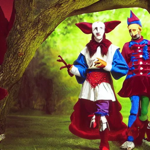 Prompt: fool, jester, tree, film, movie