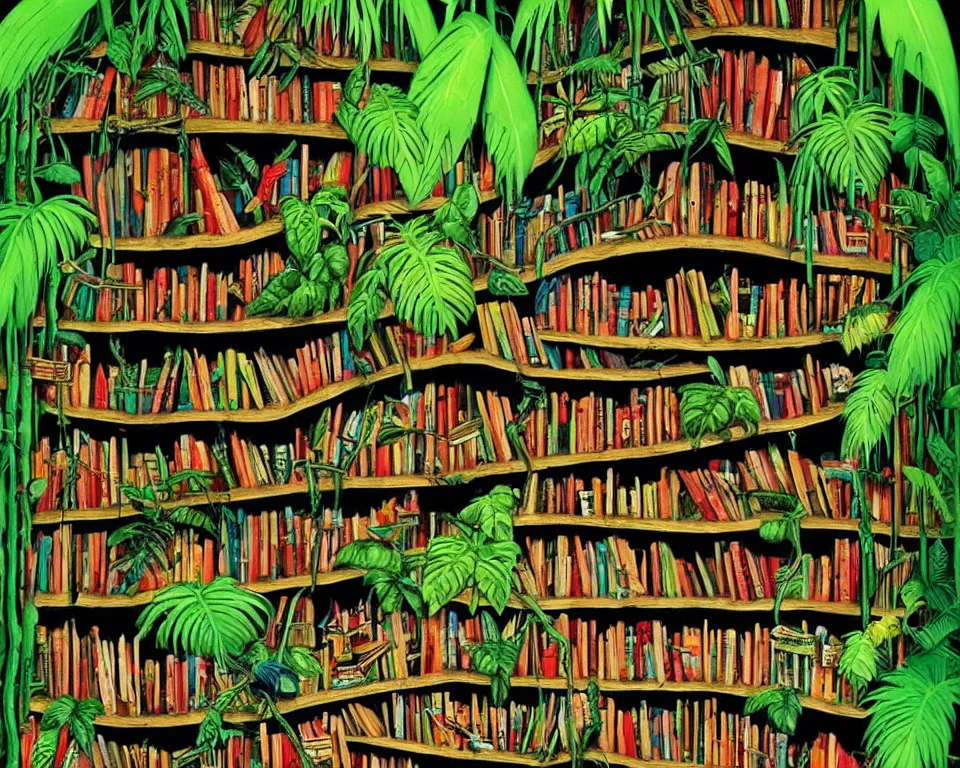 Image similar to a bookshelf in the rainforest by banksy. detailed, proportional, romantic, enchanting, achingly beautiful, graphic print, trending on artstation, jungle, tropical, foliage