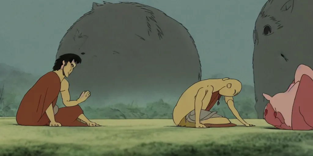 Image similar to a cell - shaded cartoon movie still from princess mononoke ( 1 9 9 7 ) of a middle eastern imam kneeling in prayer. a golden ufo is in the sky. very dull muted colors, hd, 4 k, hq