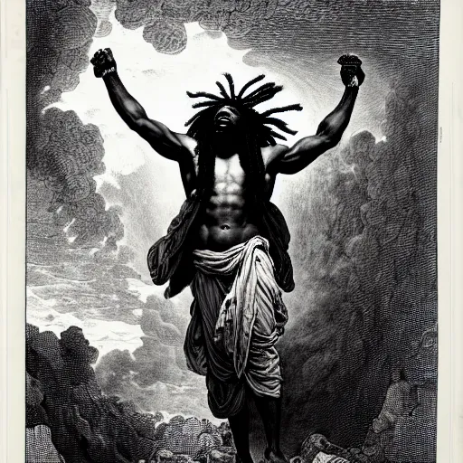 Image similar to black man with dreads ascending into heaven holding stacks of cash, biblical image, style of gustave dore, highly detailed, beautiful, high contrast, black and white