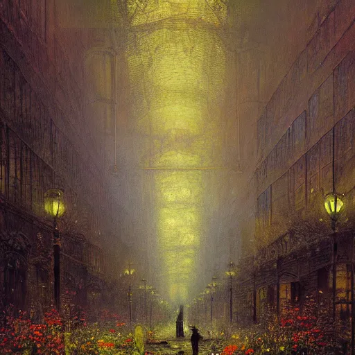 Prompt: Chicago magnificent mile overgrown by miles and flowers by Tyler Edin and Jean Delville and John Atkinson Grimshaw and Robert Hubert, German romanticism style, oil on canvas, cinematic lighting, vibrant, concept art, gothic, contrasting, nightscape