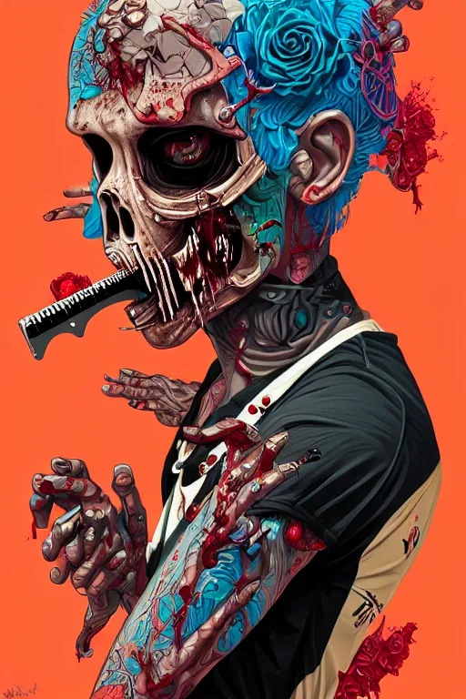 Image similar to zombie punk guitarist, tristan eaton, victo ngai, artgerm, rhads, ross draws, intricated details, 3 / 4 view, full body portrait