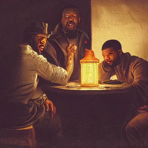 Image similar to 2 1 savage and 5 0 cent and drake huddled around a table with a lantern in a dark pub like in the denial of st. peter by gerard seghers