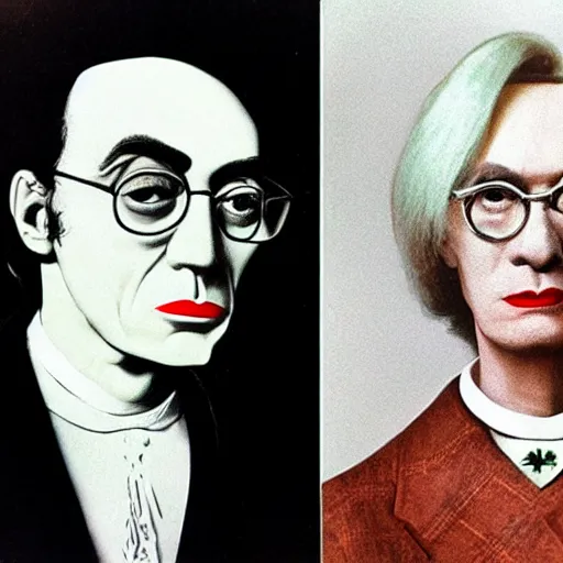 Prompt: salvador dali and andy warhol in the style of american gothic