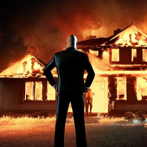 Image similar to a photo of a house burning down in the background and agent 4 7 with an eerie expression in the foreground, strong depth of field