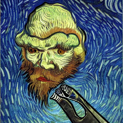 Prompt: person with a sword as its mouth, 4 k, 8 k, trending on artstation, award - winning art, illustrated by vincent van gogh