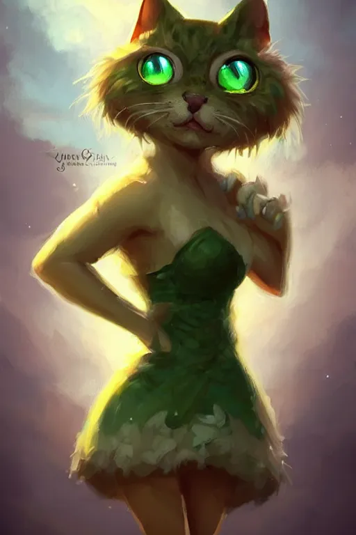 Image similar to cute little anthropomorphic Cat with big green eyes in summer dress, tiny, small, short, outfit, cute and adorable, pretty, beautiful, DnD character art portrait, matte fantasy painting, DeviantArt Artstation, by Jason Felix by Steve Argyle by Tyler Jacobson by Peter Mohrbacher, cinematic lighting