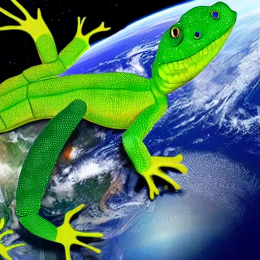 Image similar to an enormous green gecko hugging planet earth, space background