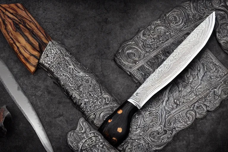 Prompt: an elaborate highly detailed engraved damascus steel knife with a glossy dark stained oak handle forged by ancient dwarfs on a stand in a studio lit black backdrop, product photography, instagram, lotr, unreal engine 5, octane render, 3 d, realisitc, award winning, artgem, rule of thirds