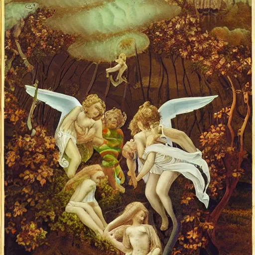 Prompt: angels in a spiral against the sky in the style of Richard Dadd painting