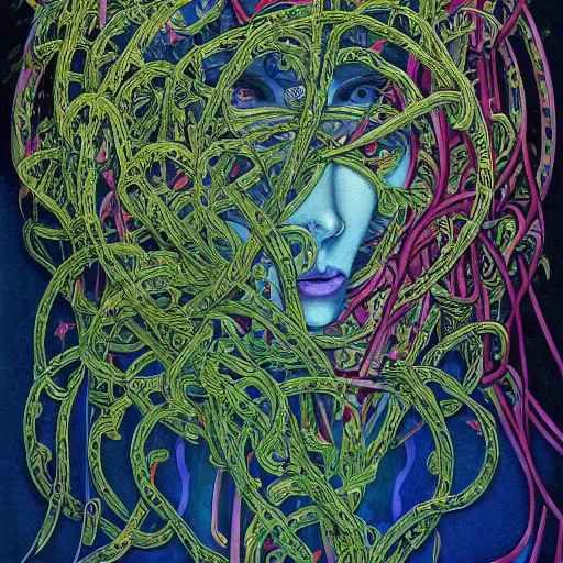 Prompt: A colorful, detailed print - A portrait of a robot composed entirely of flowers and vines. by Arnold Bocklin and Barclay Shaw, masterful print. 4k, unreal engine stunning Art Nouveau