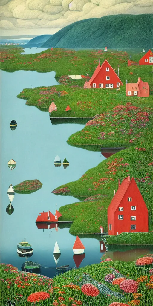 Image similar to scandinavian!!! houses!!!, floral motives, lake, mountains, hygge, by jacek yerka by levitan, by tove jansson, surrealistic painting, masterpiece, oil painting, 1 0 0 0 0, sharp focus, highly detailed, intricate, smooth, 8 k,