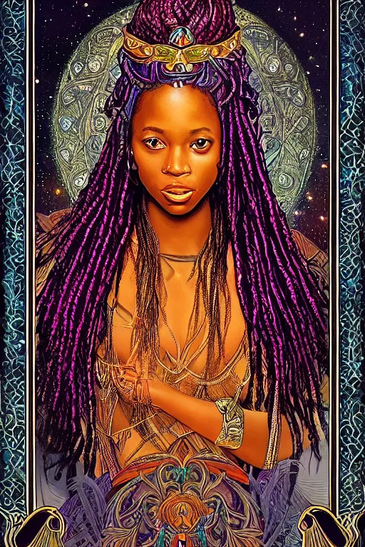 Prompt: beautiful, iridescent, and refined engraved fractal tarot card featuring an ornate, realistic, and regal high key studio anaglyph full body portrait of an attractive young kenyan princess with beaded dreadlocks in front of a brilliant nebula by Eric Lafforgue, by mucha and mohrbacher, by Dan Mumford, by Jim Fitzpatrick, featured on deviant art, trending on artstation