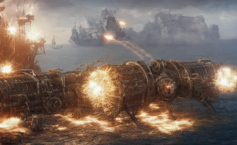 Image similar to huge steampunk naval cannon firing rounds bigger than people from a coastal fortification, octane render by greg rutkowski, ferdinand knab, makoto shinkai. digital render