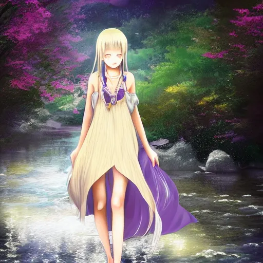 Prompt: advanced digital anime art, WLOP , a gorgeous high school girl with long gold and silver hair wearing a violet dress and bare feet walking through a crystal clear river, DOF, Gaussian Blur,