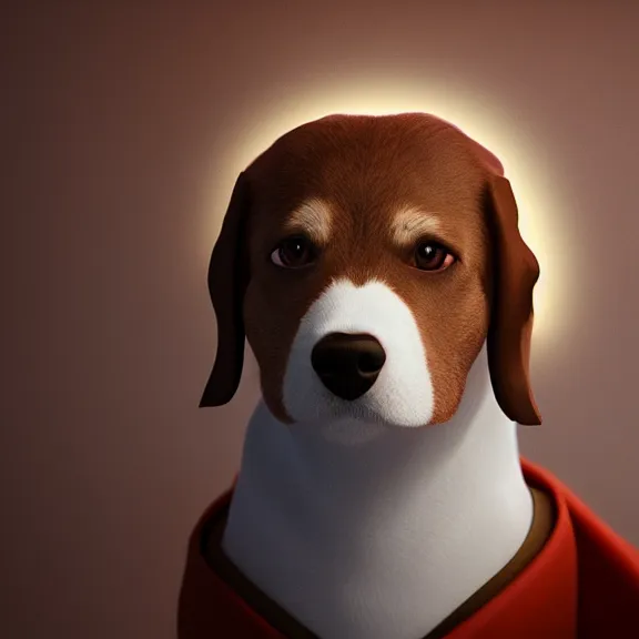 Image similar to a portrait of a dog wearing a robe in heaven, circular, glowing, circle, unreal engine, octane render, artstation, digital art.