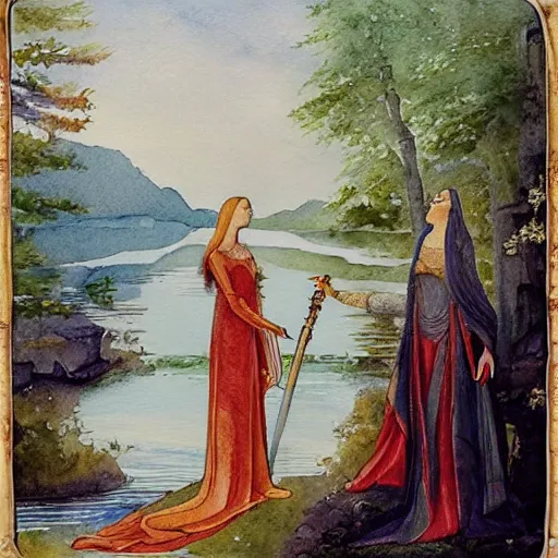 Image similar to “watercolor painting of the lady of the lake giving the sword to King Arthur, 8k”