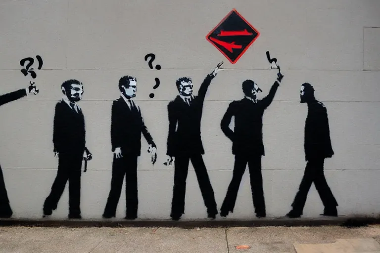 Image similar to a banksy street art painting of several men in black fbi suits with question marks instead of heads