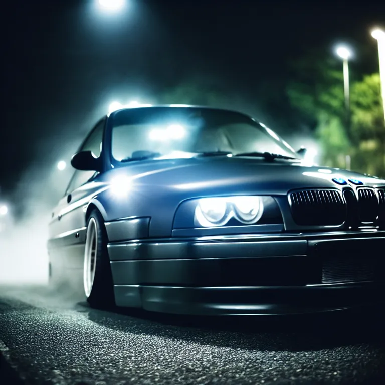 Image similar to close-up-photo Woman Driver standing against her car, BMW E36 turbo illegal meet, work-wheels, Gunma prefecture, misty at night, cinematic color, photorealistic, high detailed deep dish wheels, highly detailed, custom headlights, subtle neon underlighting