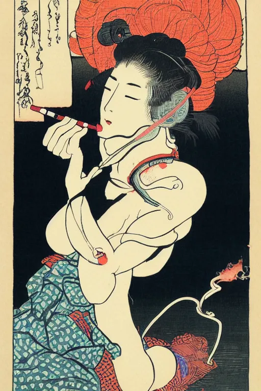 Prompt: a goddess with headphones enjoying music and smoking a cigarette, in a silent disco rave, by katsushika hokusai, by ralph steadman, storybook illustration, cool color palette, in a symbolic and meaningful style, single figure