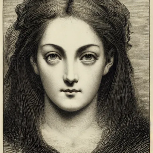 Image similar to extreme close-up, black and white, eyes of a young french woman, marie laforet as model, Gustave Dore lithography