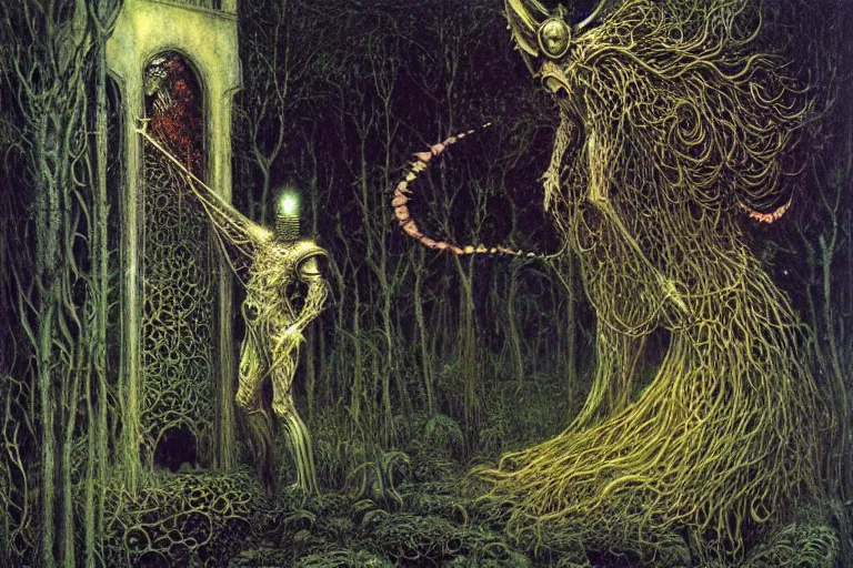 Image similar to knight in enchanted lovecraftian garden by jean delville, luis royo, beksinski, grimshaw