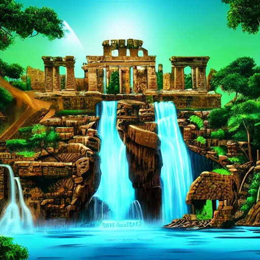 Prompt: ancient ruins and waterfalls,surrealistic, retrowave art, trending on art station