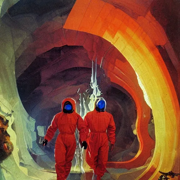 Prompt: two scientists in one red and one white hazmat suit entering the geometric rainbow crystal dimensional gateway by frank frazetta