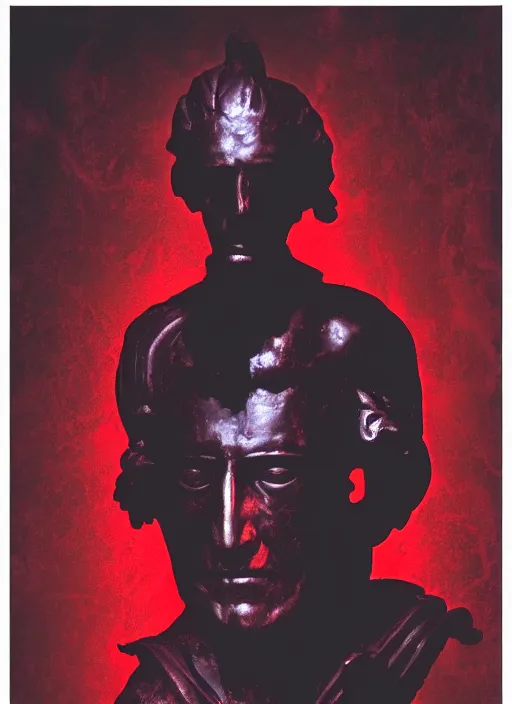 Prompt: dark design poster showing a statue of julius caesar with a half skull, black background with very subtle red and purple design elements, powerful, nekro, vito acconci, thin straight lines, dark, glitch art, neo vaporwave, gritty, layout frame, square, trending on artstation