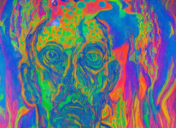 Prompt: a wise man with a bright light in his eyes sits under the water column, face apocalypse, colorful, in the style of lisa yuskavage, frantisek kupka, intricate, miles, johnsto