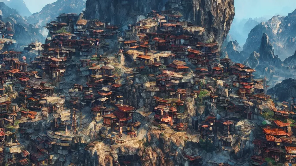 Image similar to small oriental mountainside village in cyberpunk style, fantastical epic, hyperrealistic, highly detailed, 4 k hd