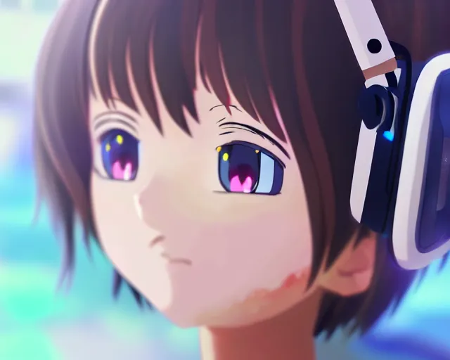 Image similar to anime fine details portrait of joyful girl in vr headset in school, bokeh. anime masterpiece by Studio Ghibli. 8k render, sharp high quality anime illustration in style of Ghibli, artstation