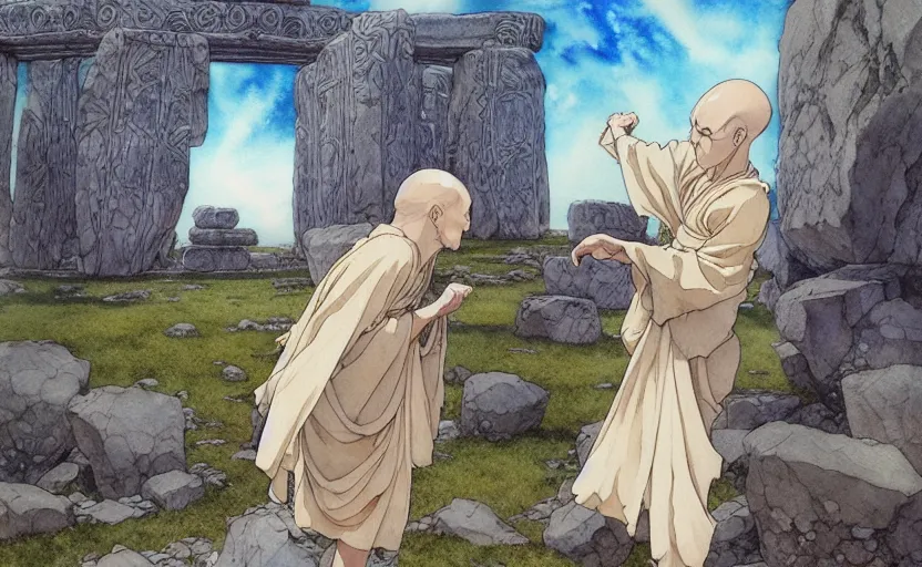 Image similar to a realistic anime watercolor fantasy concept art of a giant monk with a big forehead in grey robes dancing in stonehenge. several immense stones are floating in the air. by rebecca guay, michael kaluta, charles vess