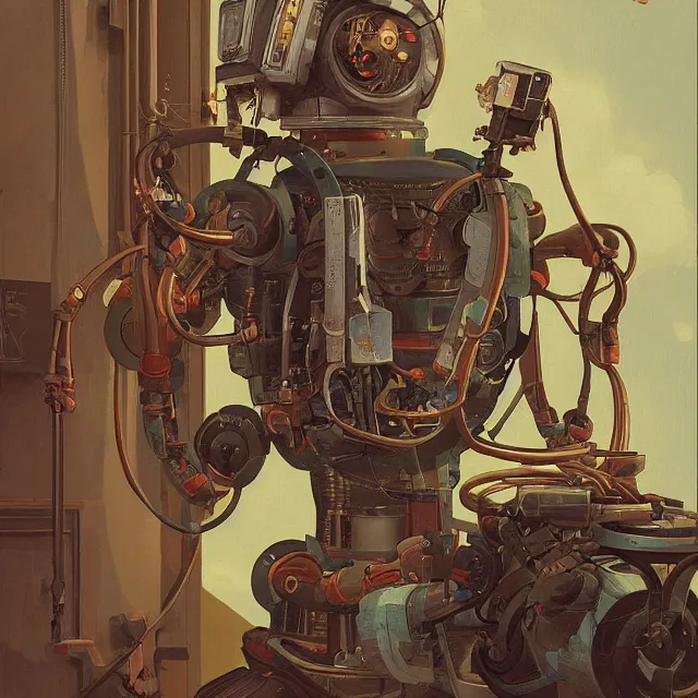 Image similar to robot artist painting a self - portrait on a canvas. intricate, highly detailed, digital matte painting, in the style of alexandros pyromallis, and in the style of sachin teng, and in the style of hans thoma, and in the style of gil elvgren. irony, recursion, inspiration, art nouveau.