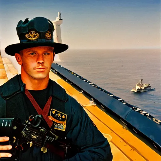 Image similar to us navy seal on aircraft carrier, fine art portrait painting, kodak portra, 8 k, soft light, clean lines, fashion photography, albrecht durer, caravaggio, diego velazquez, johannes vermeer